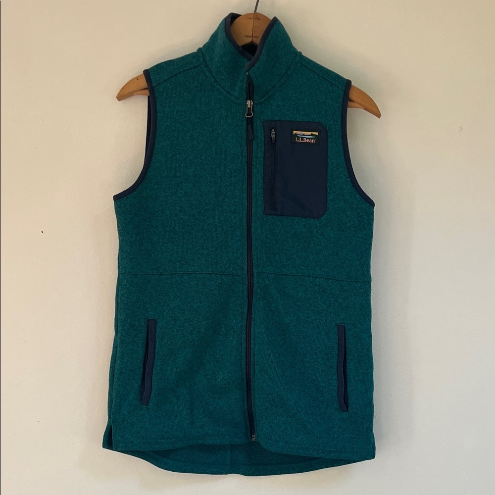 L.L. Bean Turquoise Fleece Vest with Navy Trim